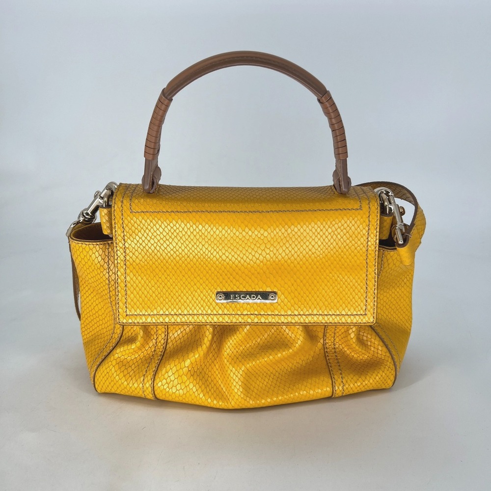 Escada Yellow Snakeskin Embossed Satchel Top Handle Crossbody Purse Handbag